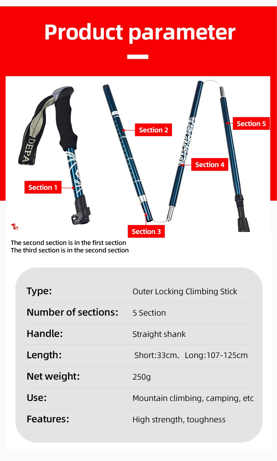 5-Section Folding Trekking Pole – Telescopic Hiking Stick for Camping, Nordic Walking, Travel